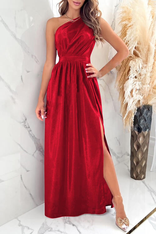 One Shoulder Slit Ruched Maxi Dress | Sleeveless Formal Solid Polyester Gown