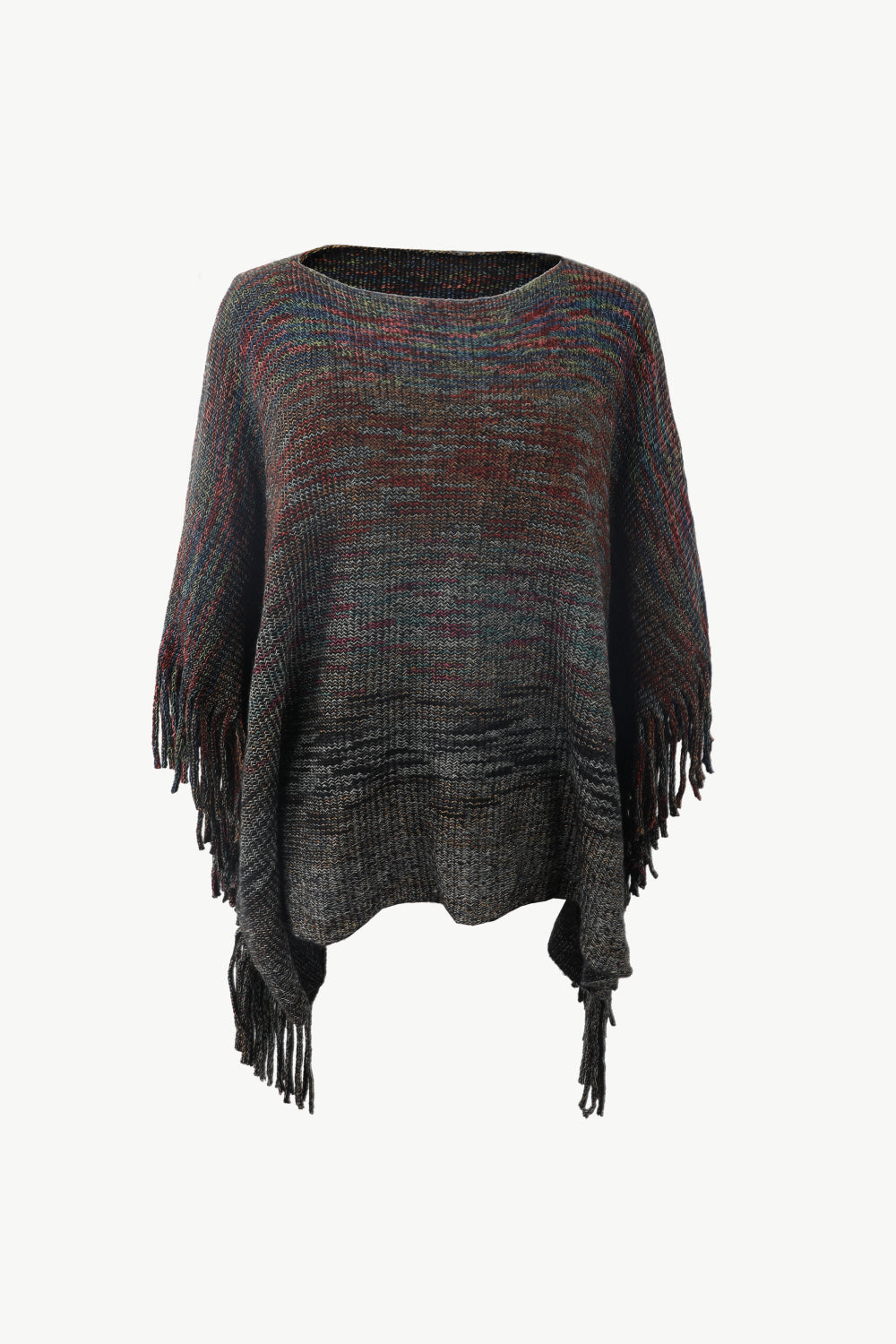 Round Neck Fringe Detail Poncho | Casual Woman's Knitted Stretch Acrylic Poncho