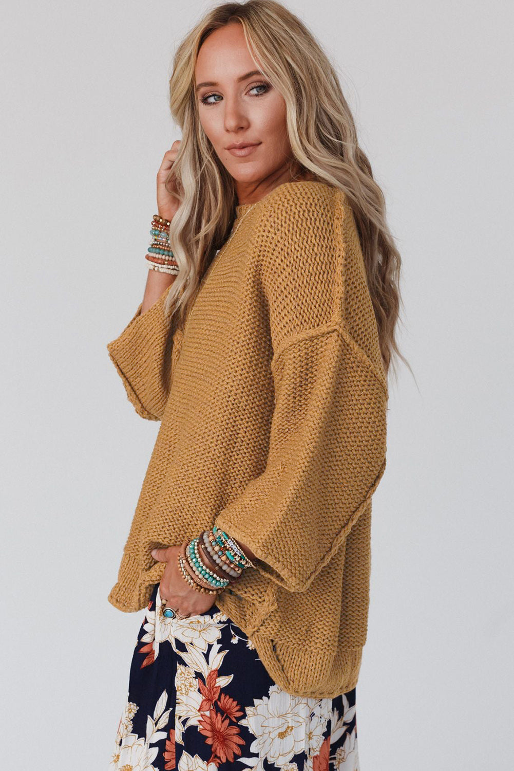 Round Neck Dropped Shoulder Sweater | Casual Cotton Sweater With 3\4 Sleeves