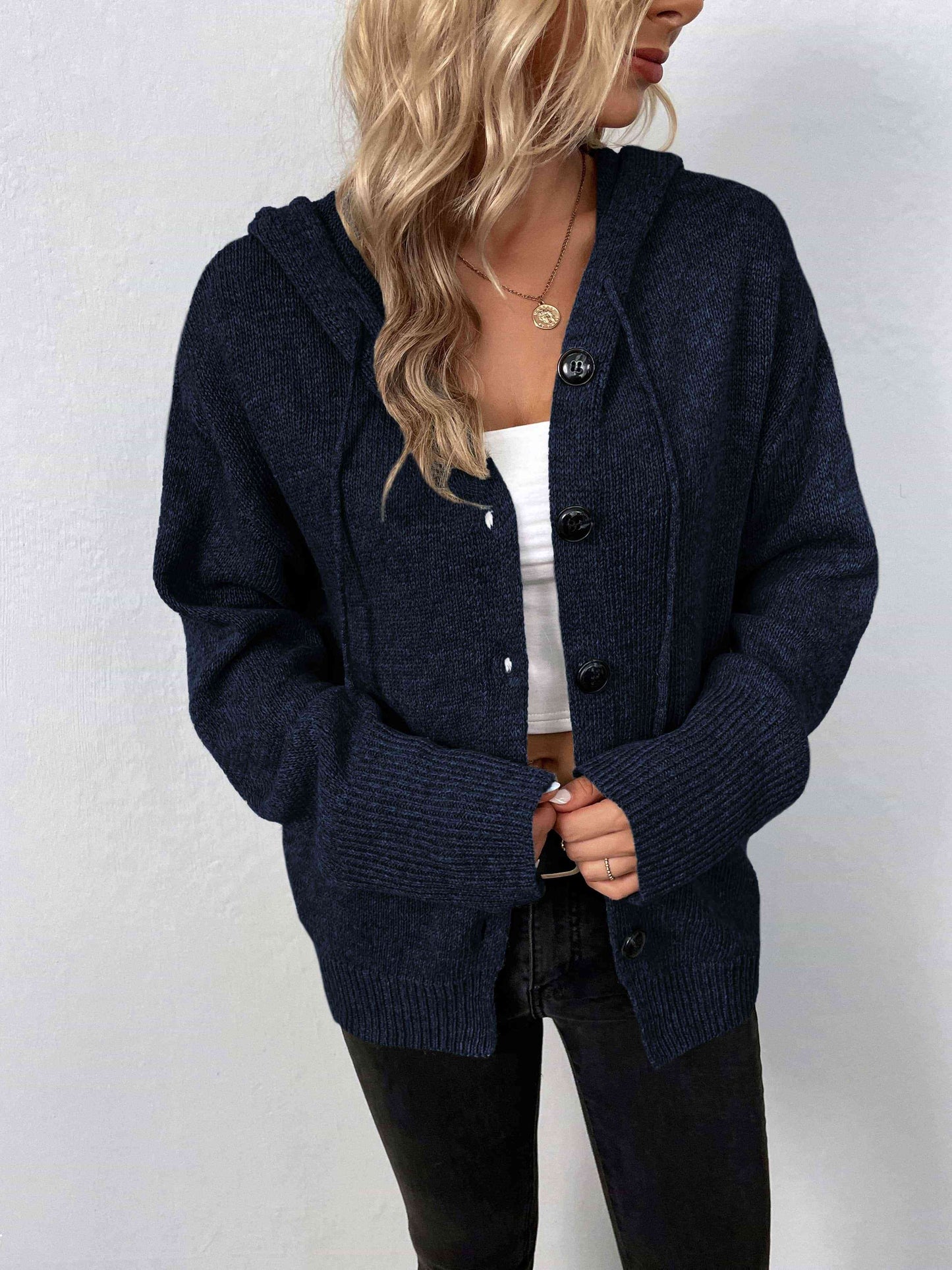 Button-Down Long Sleeve Hooded Sweater | Solid Sweater With Ribbed Cuffs