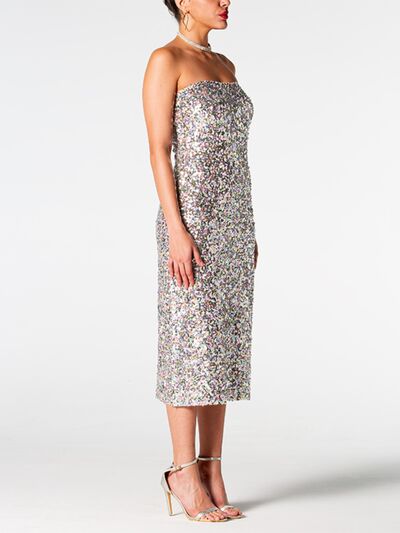 Sequin Straight Neck Midi Wrap Dress |  Formal Sleeveless Strapless Sequin Dress