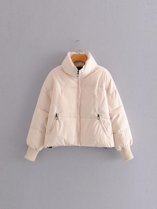 Zip Up Drawstring Winter Coat with Pockets | Polyester Coat With High Neckline