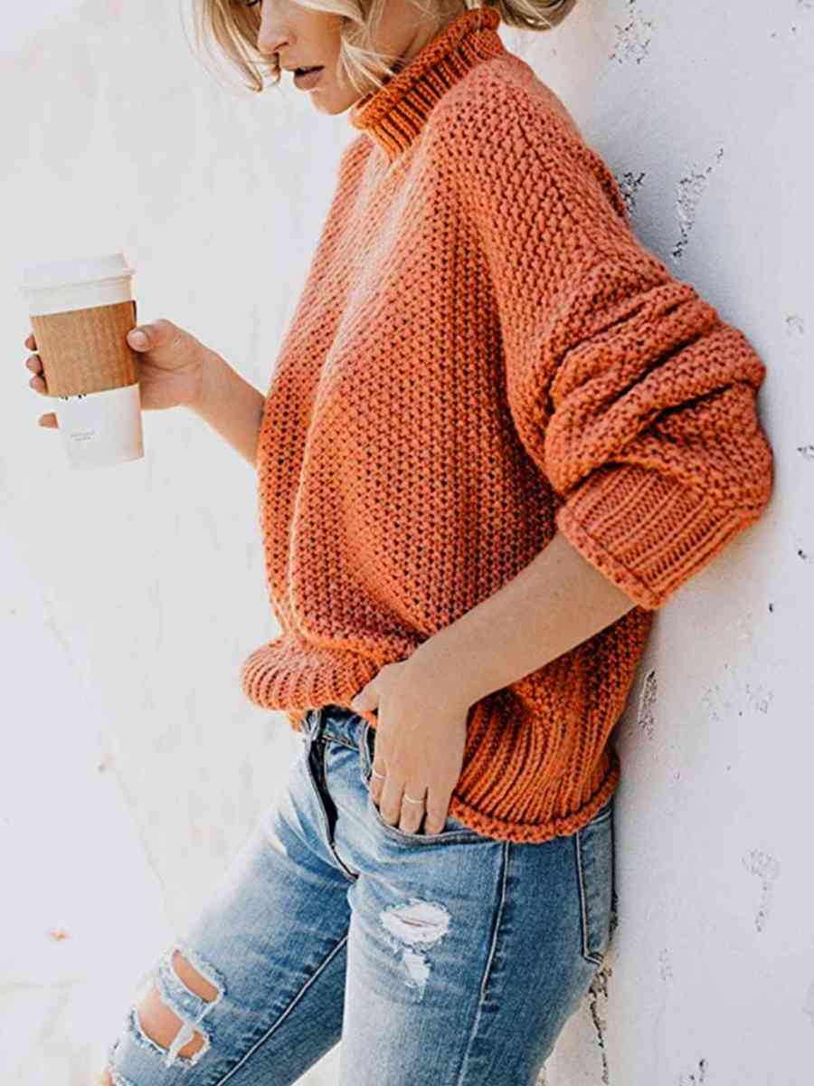 Turtleneck Dropped Shoulder Sweater | Casual Relaxed Fit Stretch Sweater