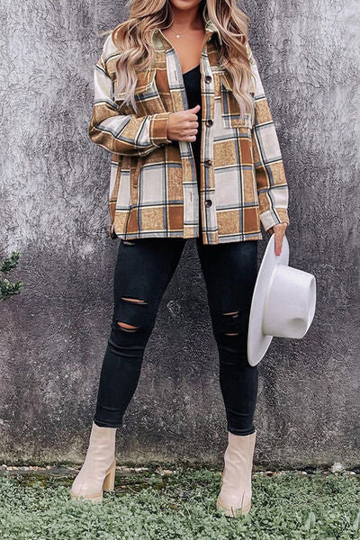 Plaid Pocketed Dropped Shoulder Coat | Casual Buttoned Coat With Collar Neck