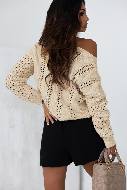 Full Size Openwork Cable-Knit Round Neck Knit Top | Casual Top With Ribbed Cuffs