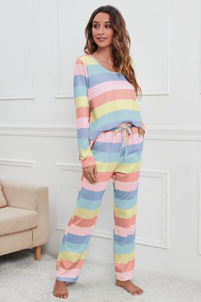 Striped Round Neck Long Sleeve Top and Drawstring Pants Lounge Set | Cotton Set