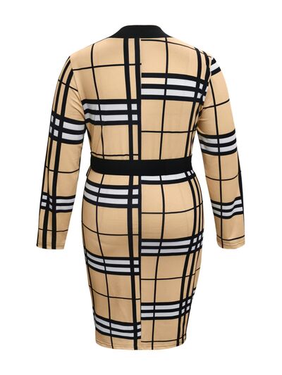 Plus Size Plaid V-Neck Long Sleeve Wrap Dress | Formal Stretchy Polyester Dress