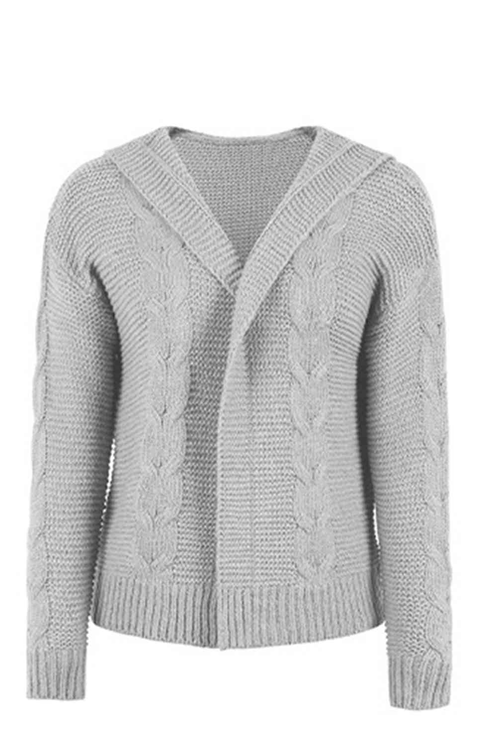 Cable-Knit Dropped Shoulder Hooded Cardigan | Casual Solid Ribbed Cardigan