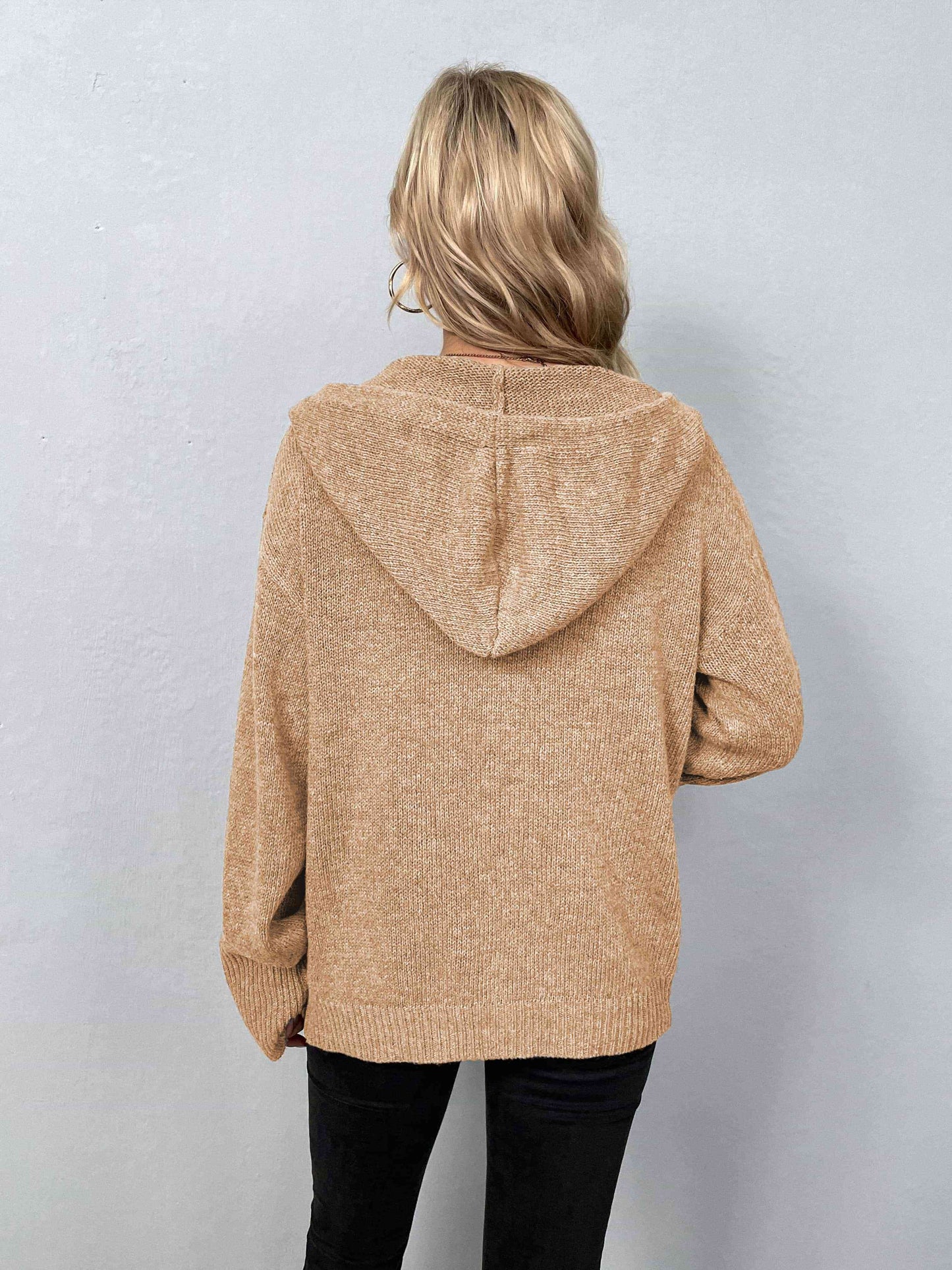 Button-Down Long Sleeve Hooded Sweater | Solid Sweater With Ribbed Cuffs