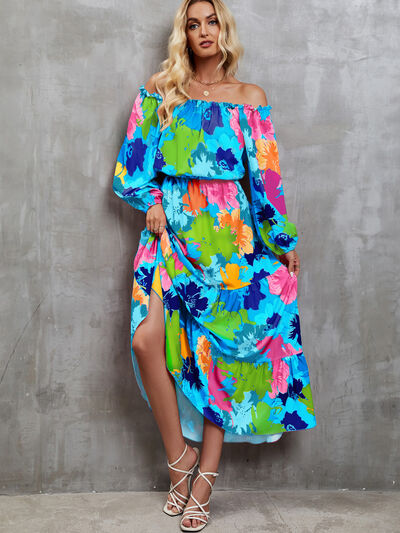 Printed Off-Shoulder Balloon Sleeve Tiered Dress