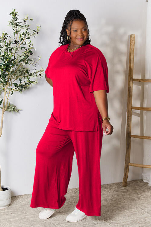 Double Take Full Size Round Neck Slit Top and Pants Set | Solid Stretchy Set