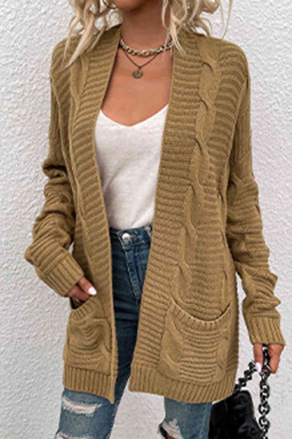 Cable-Knit Open Front Cardigan with Pockets | Casual Ribbed Polyester Cardigan