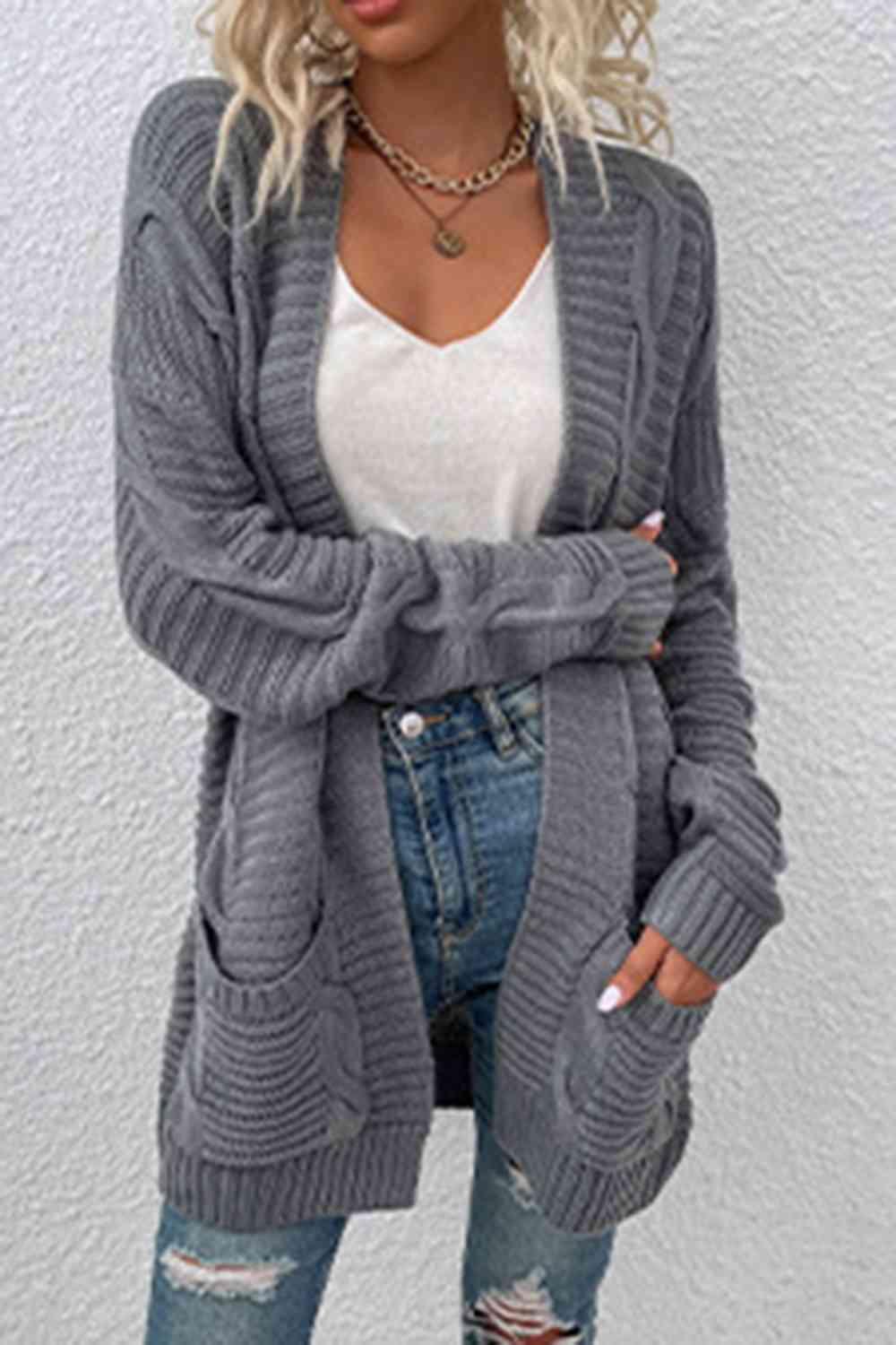 Cable-Knit Open Front Cardigan with Pockets | Casual Ribbed Polyester Cardigan