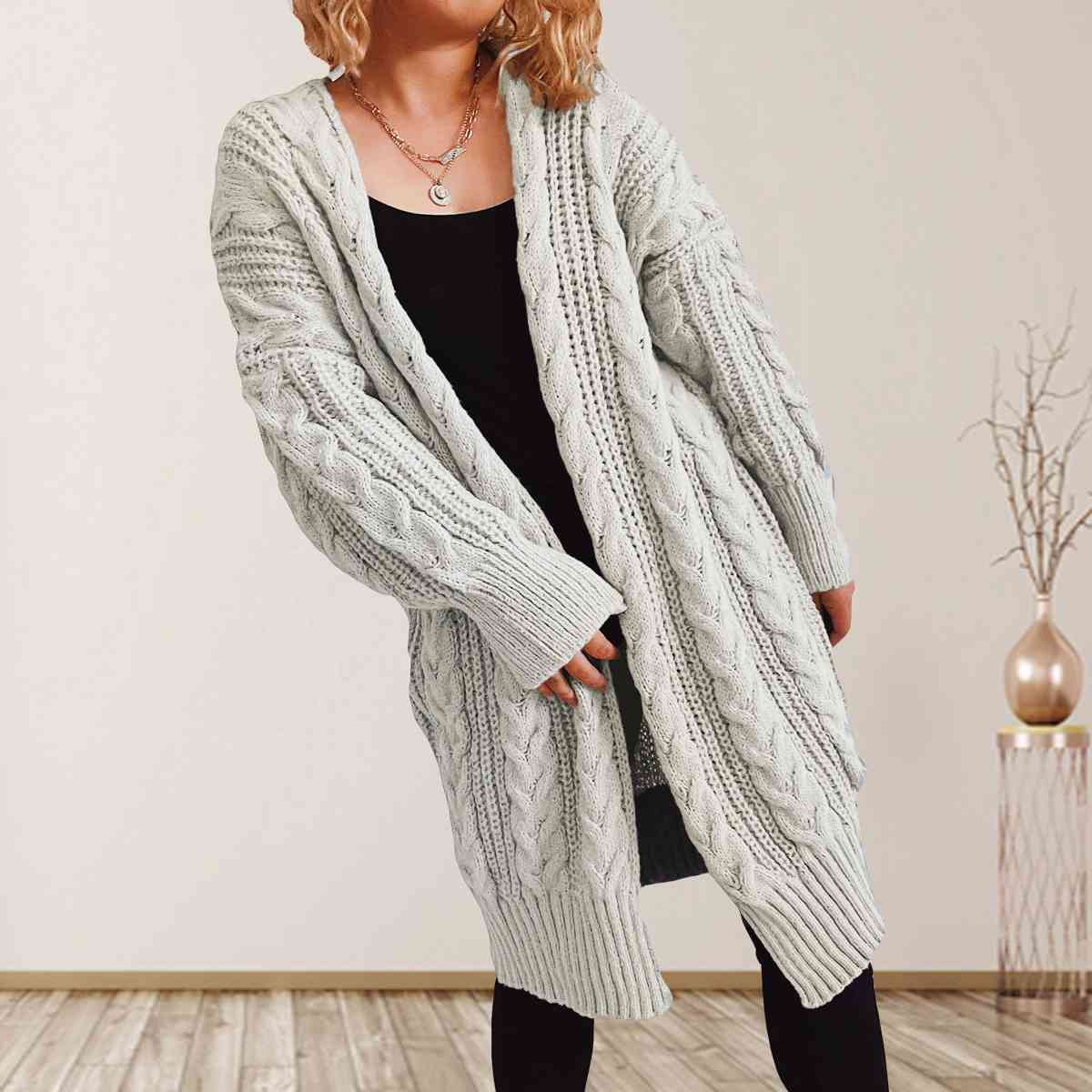 Cable-Knit Open Front Dropped Shoulder Cardigan | Warm Cardigan With Ribbed Hem