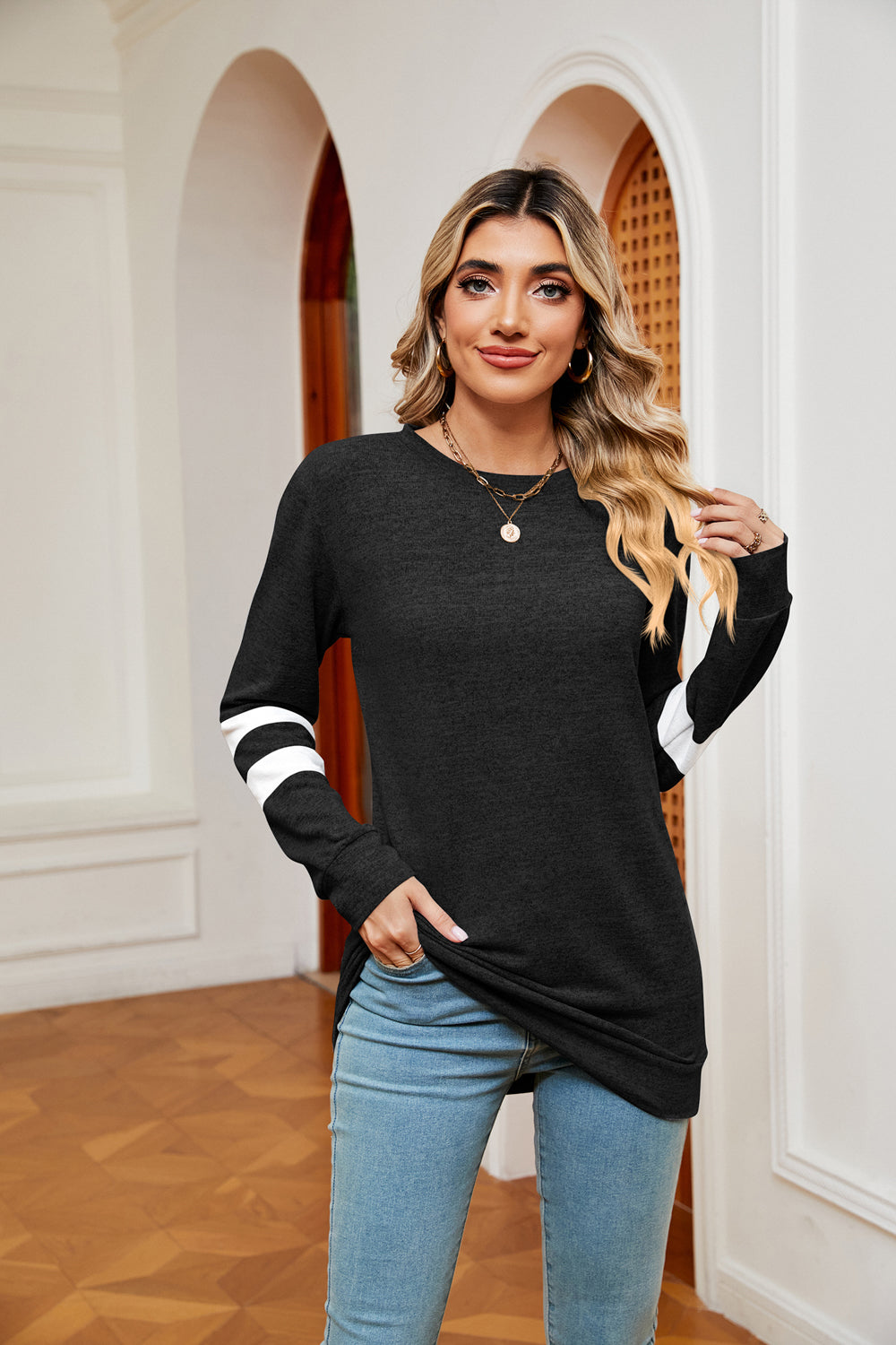 Round Neck Long Sleeve Top | Casual Stretchy Woman's Top With Cuffed Sleeves