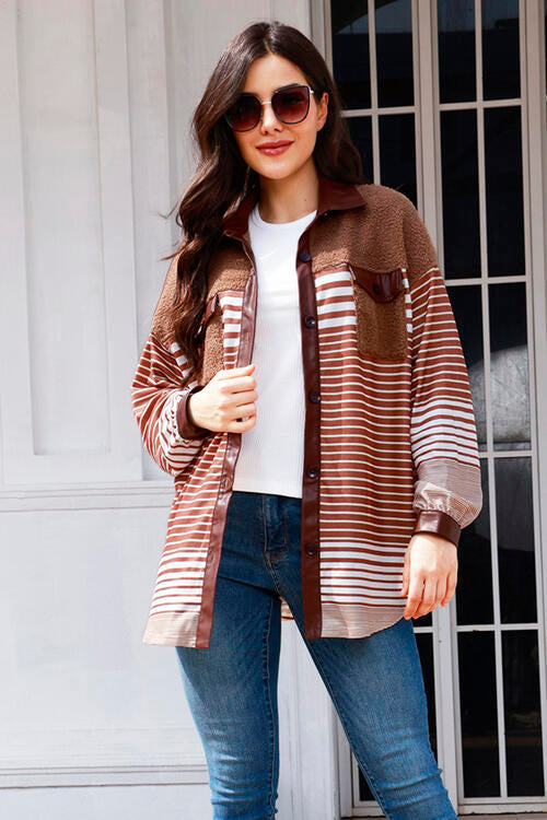 Buttoned Striped Collared Neck Jacket | Polyester Jacket With Cuffed Sleeves