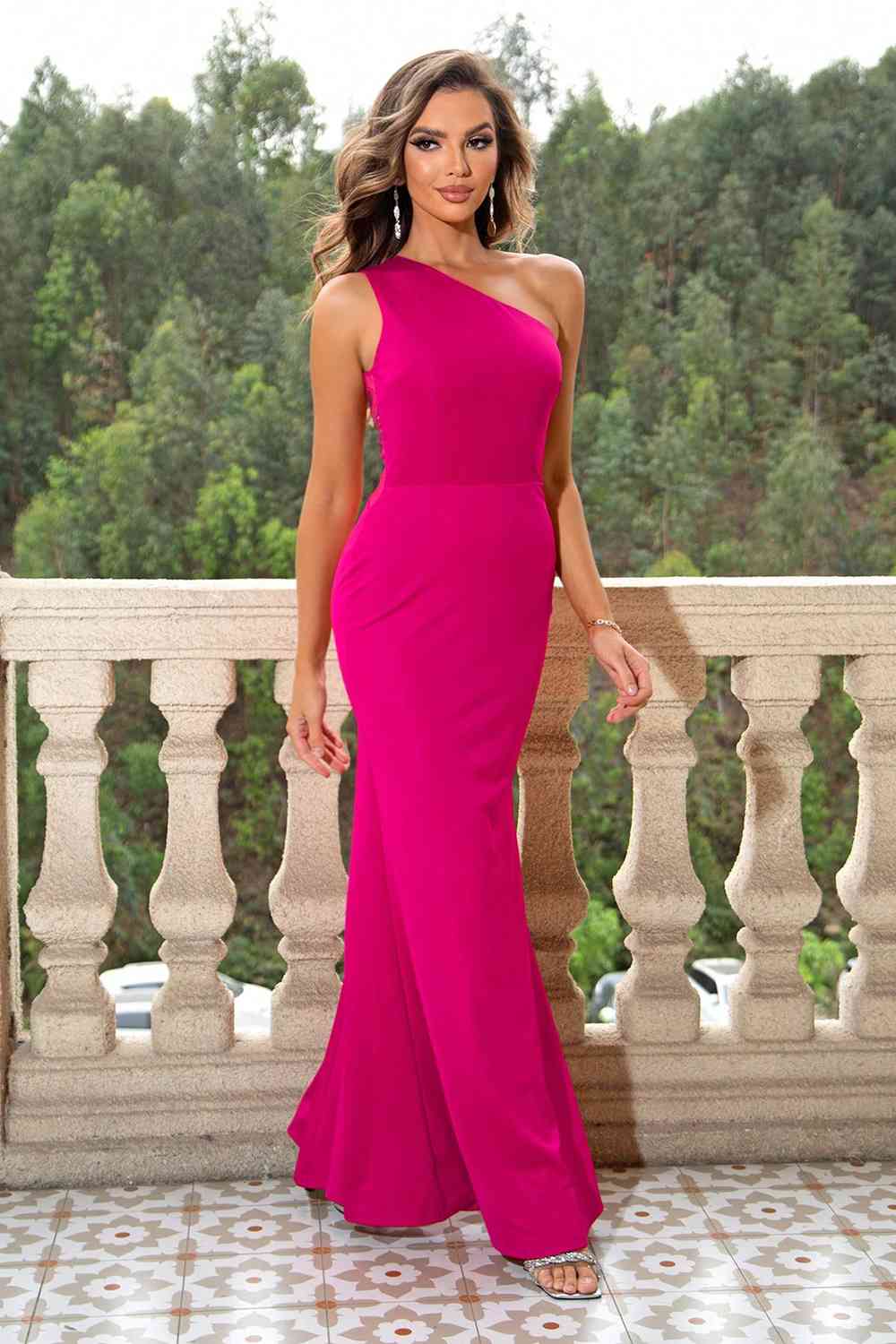 One-Shoulder Sleeveless Maxi Dress | Formal Solid Gown With Sheer Sequin Back