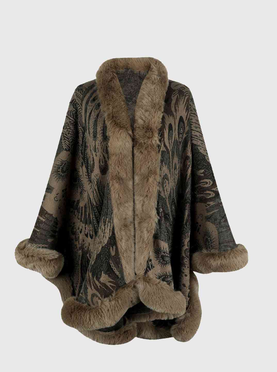 Printed Open Front Poncho | Casual Woman's Acrylic Poncho With Fur Detail