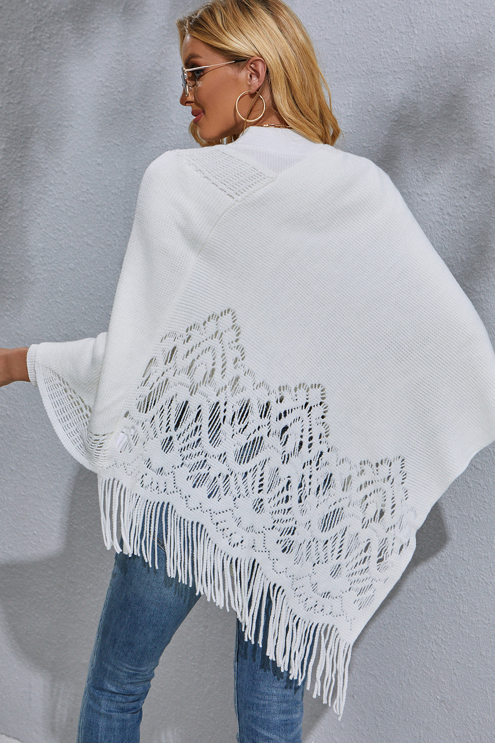 Round Neck Fringe Detail Poncho | Solid Acrylic Poncho With Long Sleeves