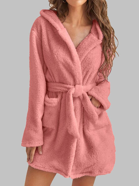 Tie Waist Hooded Robe | Soft Solid Stretched Polyester Robe With Pockets