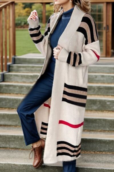 Striped Open Front Long Sleeve Longline Sweater Cardigan | Casual Cardigan