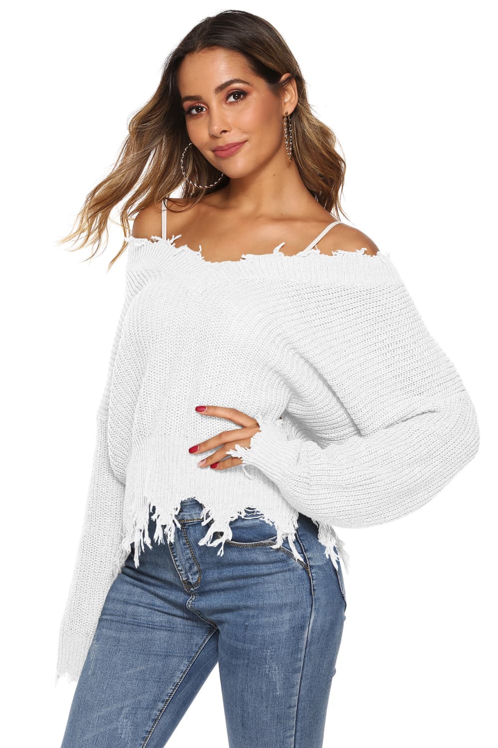 Off-Shoulder Ribbed Long Sleeve Raw Hem Sweater | Casual Polyester Sweater