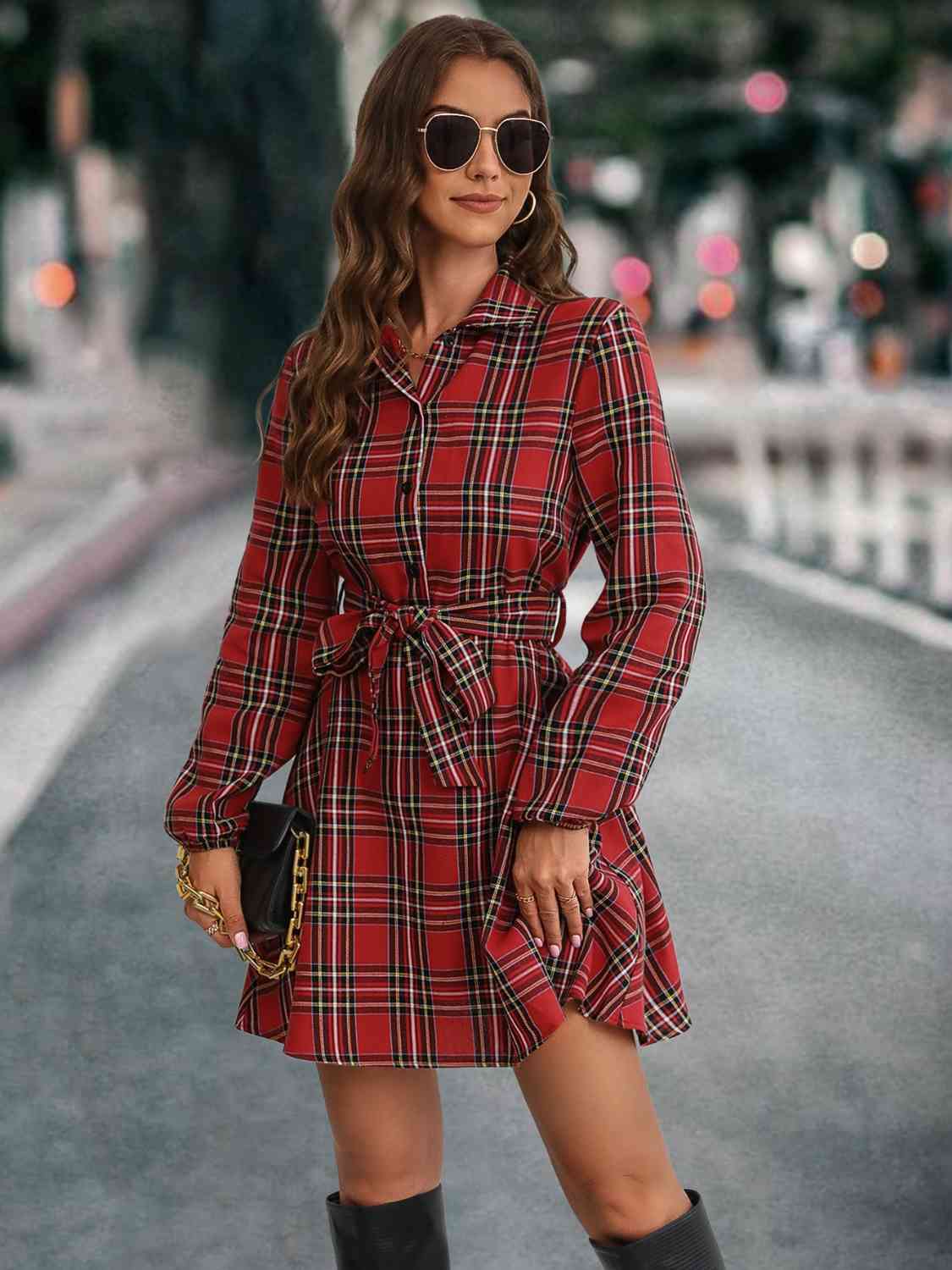 Plaid Tie Front Collared Neck Long Sleeve Dress | Casual Buttoned Tied Dress