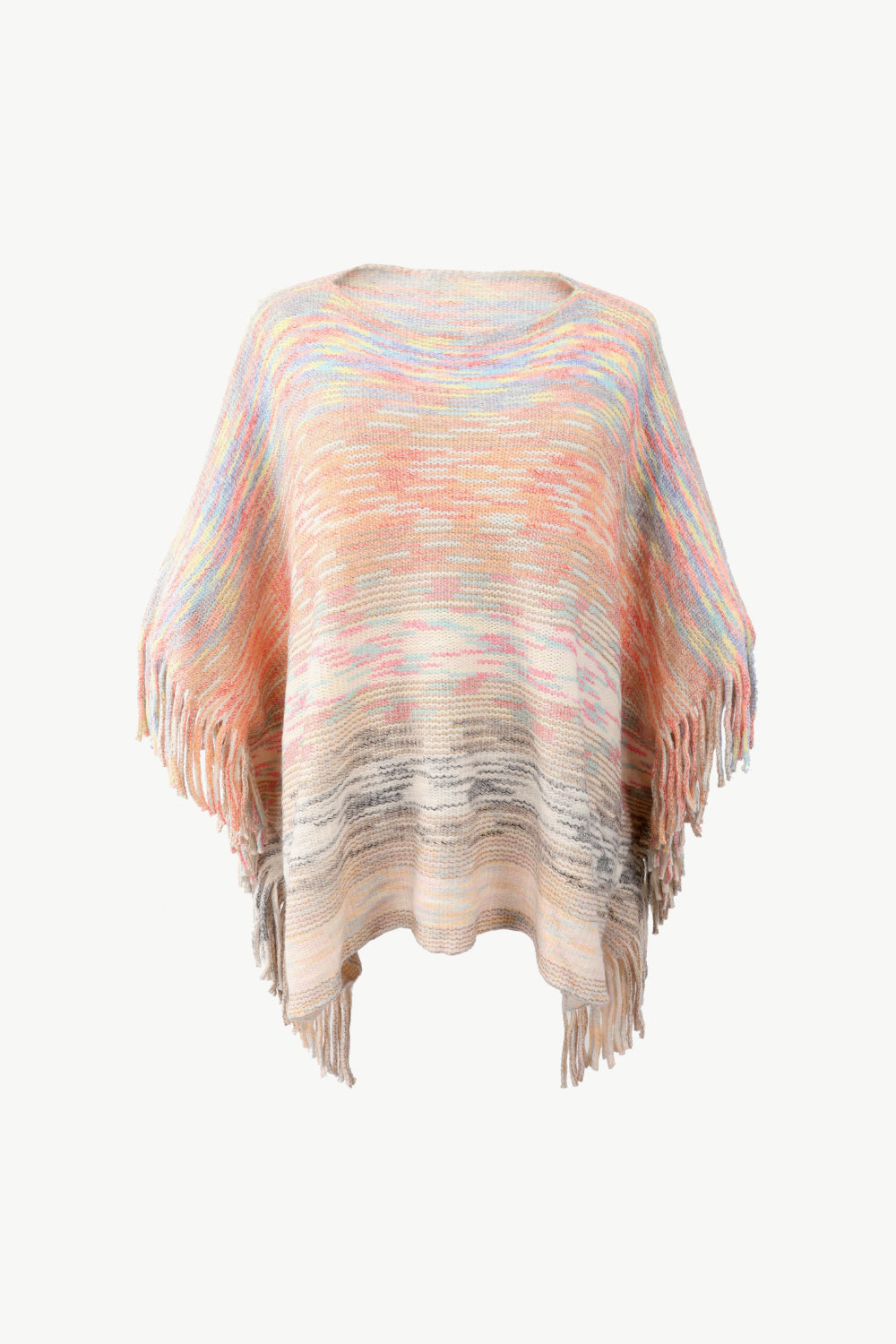 Round Neck Fringe Detail Poncho | Casual Woman's Knitted Stretch Acrylic Poncho