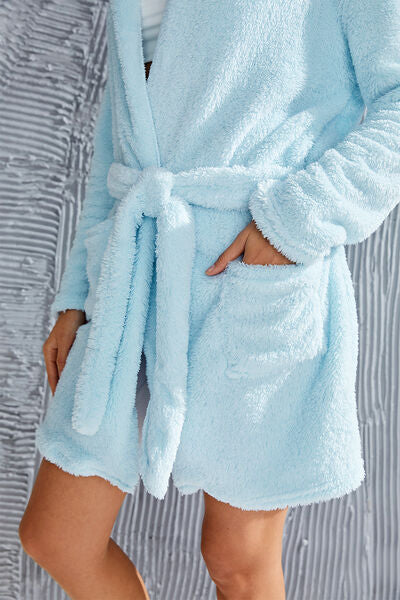 Fuzzy Tied Pocketed Hooded Lounge Nightgown | Soft Solid Polyester Nightgown