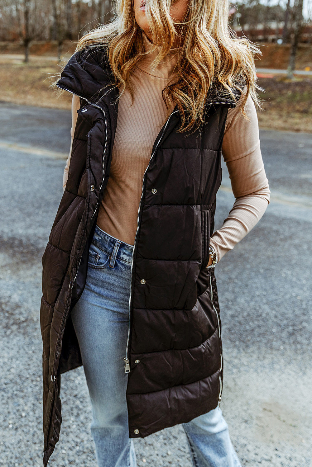Longline Hooded Sleeveless Puffer Vest | Woman's Polyamide Vest With Pockets