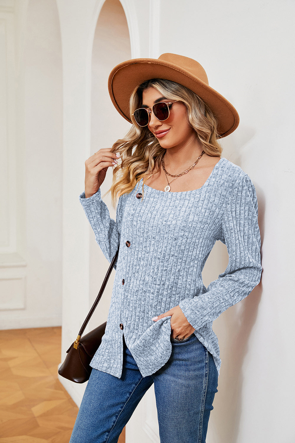 Decorative Button Slit Square Neck Top | Casual Ribbed Top With Long Sleeves