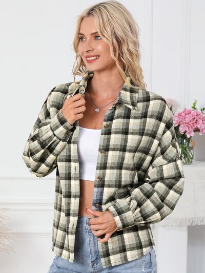 Plaid Button Up Collared Neck Jacket | Casual Polyester Jacket With Long Sleeves