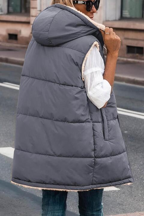 Zip-Up Longline Hooded Vest | Sleeveless Polyester Vest With Side Pockets