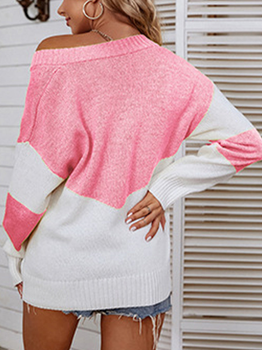 Color Block V-Neck Sweater | Casual Sweater With Ribbed Sleeves And Hem