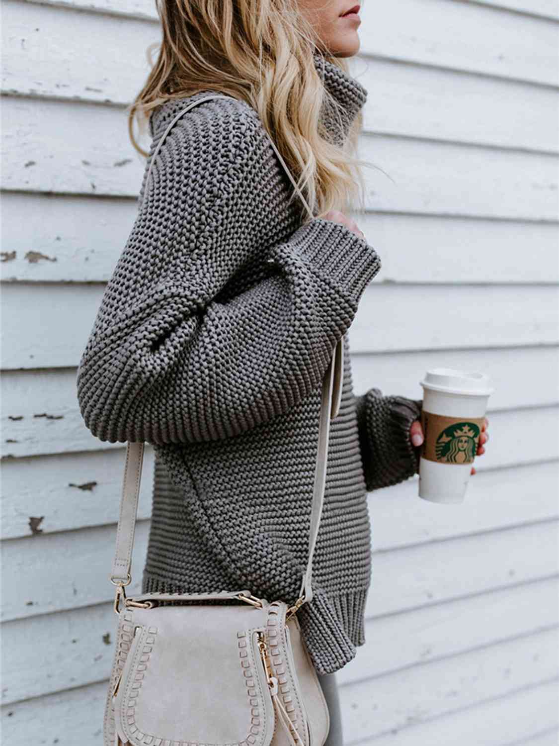 Turtleneck Dropped Shoulder Slit Sweater | Fashionable Knitted Acrylic Sweater