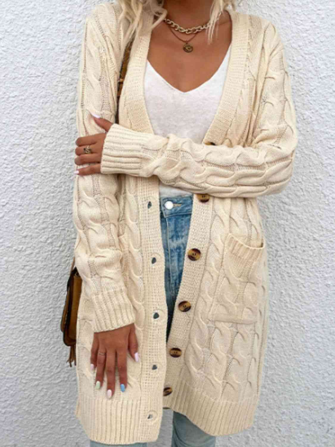 Cable-Knit Button Down Cardigan with Pockets | Cardigan With Ribbed Details