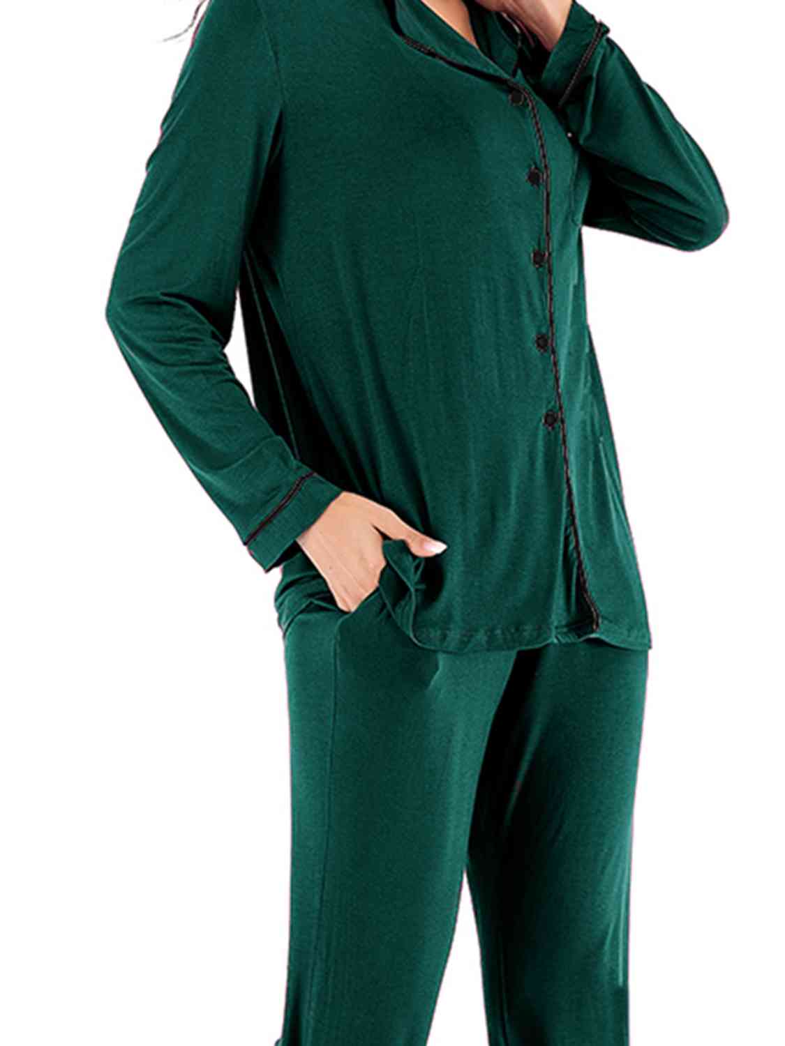 Collared Neck Long Sleeve Loungewear Set with Pockets | Stretchy Nylon Set