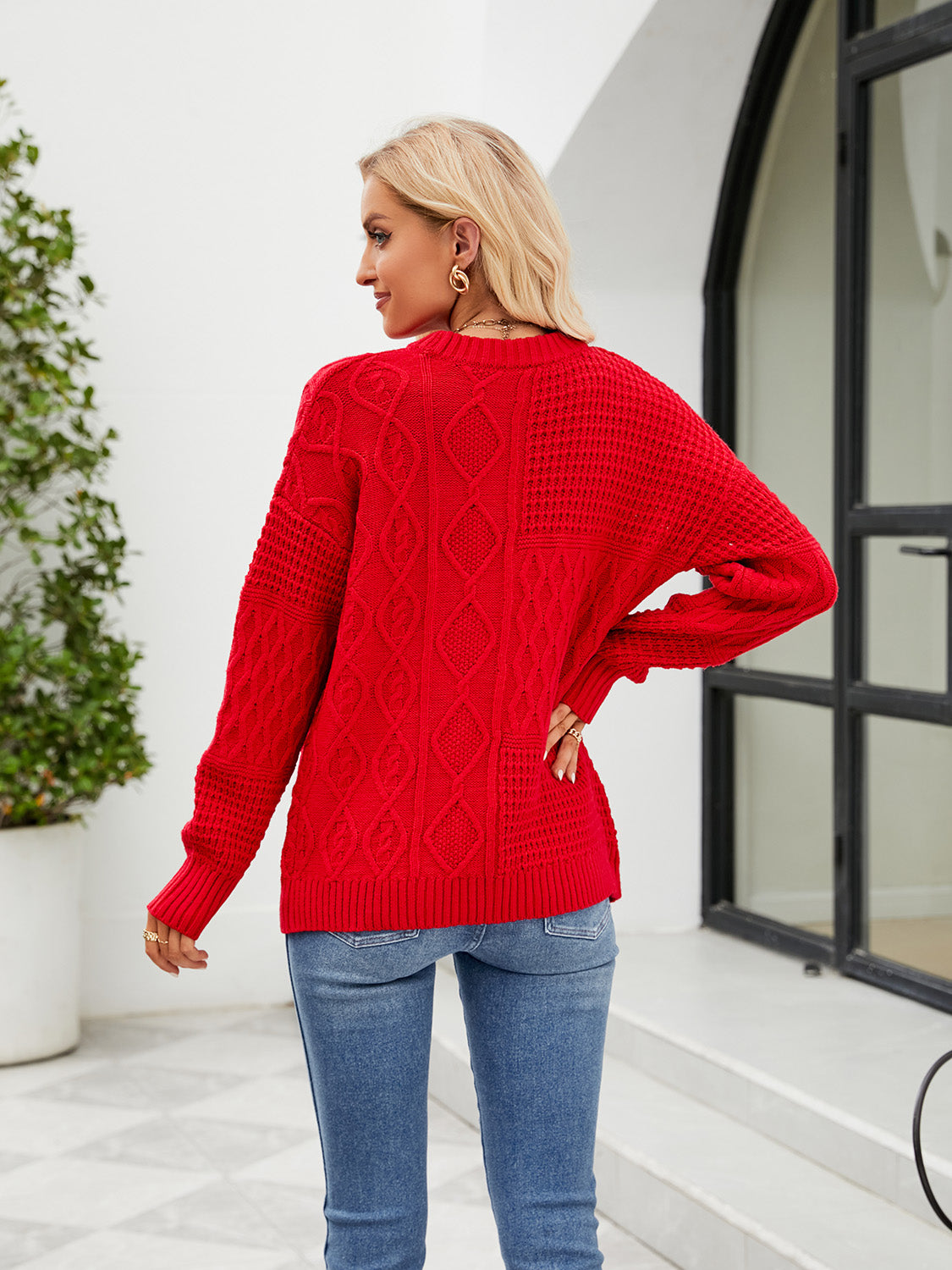 Round Neck Dropped Shoulder Sweater | Solid Acrylic Sweater With Long Sleeves