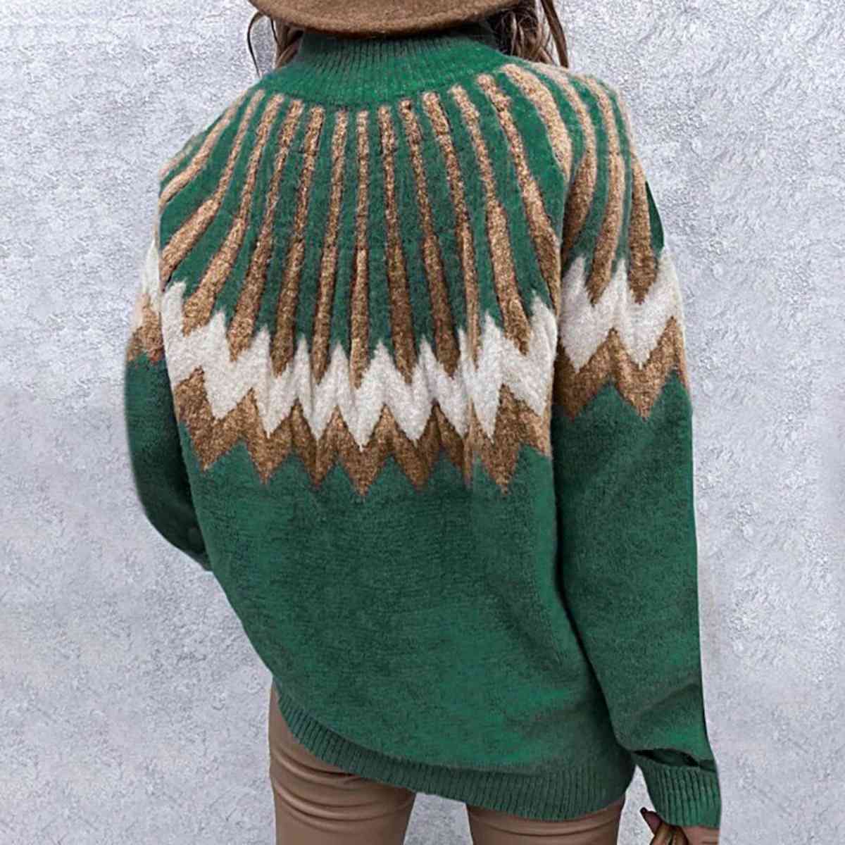 Mock Neck Long Sleeve Sweater | Patterned Sweater With Ribbed Cuffs And Neckline