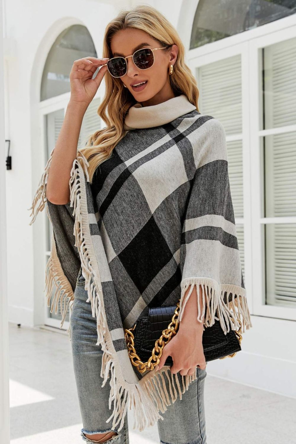 Plaid Turtleneck Fringe Hem Poncho | Trendy Casual Stretch Acrylic Poncho