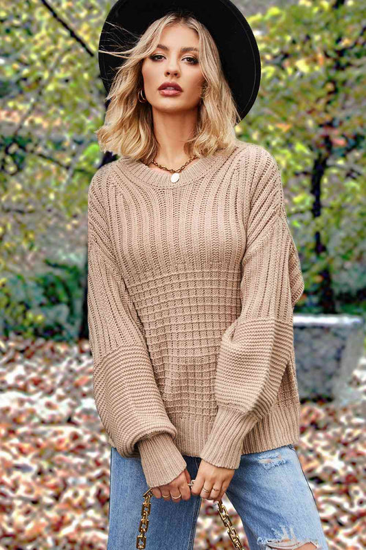Round Neck Lantern Sleeve Sweater | Solid Acrylic Sweater With Ribbed Cuffs
