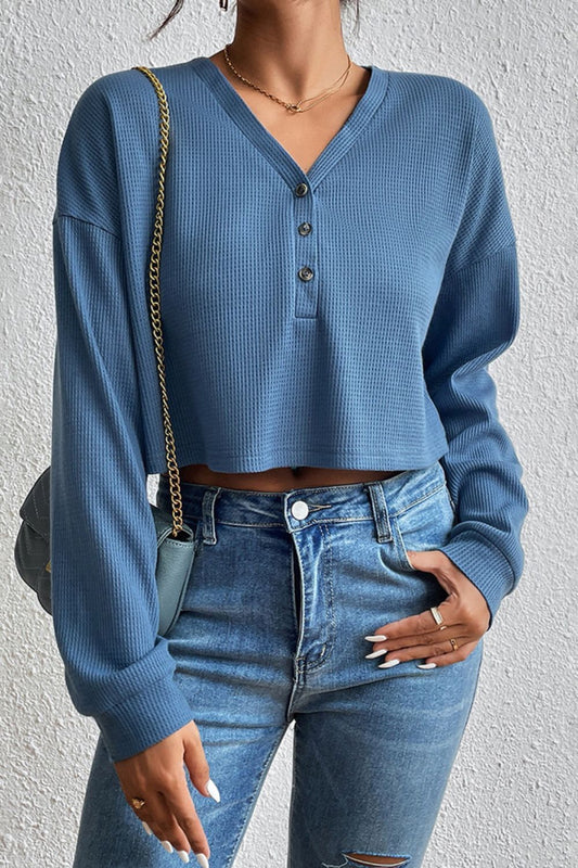 Cropped V-Neck Raglan Sleeve Buttoned Blouse | Polyester Blouse With Long Sleeve