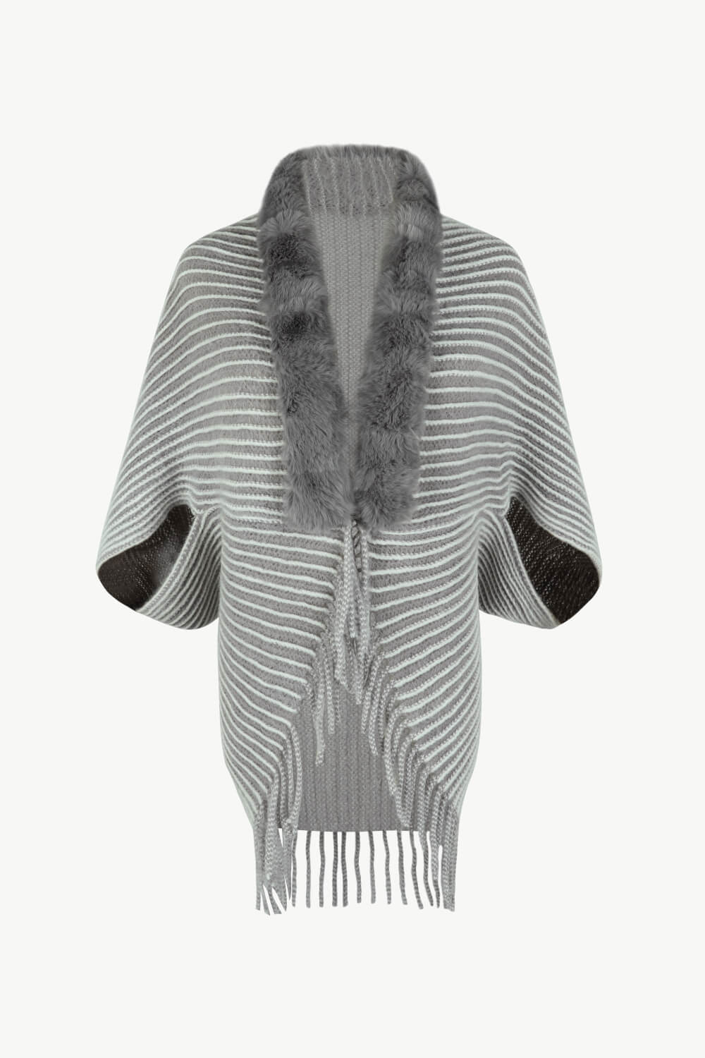 Striped Open Front Fringe Poncho | Casual Woman's Stretchy Polyester Poncho