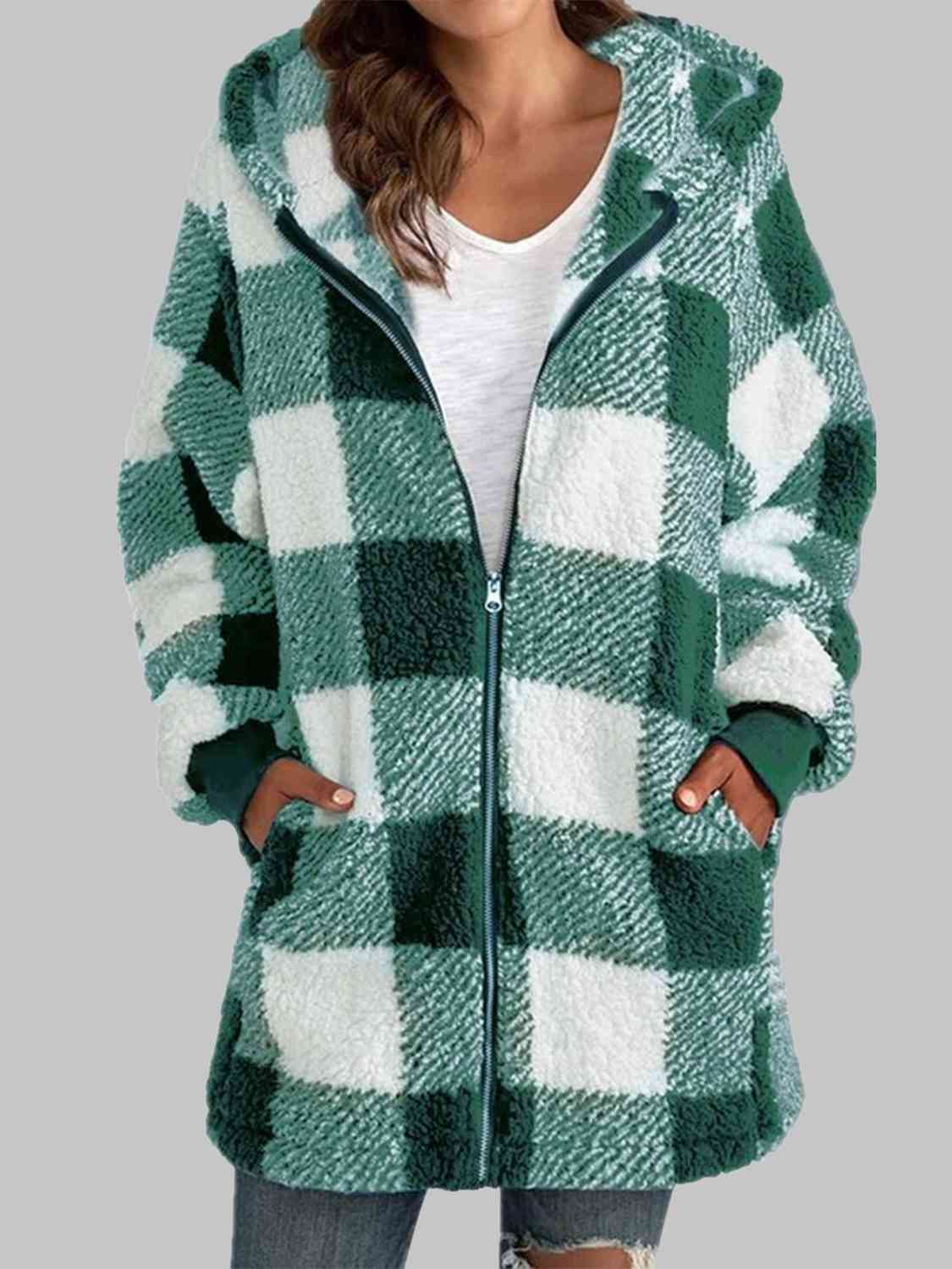 Plaid Zip-Up Hooded Jacket with Pockets | Warm Cozy Fuzzy Sherpa Jacket Shirt