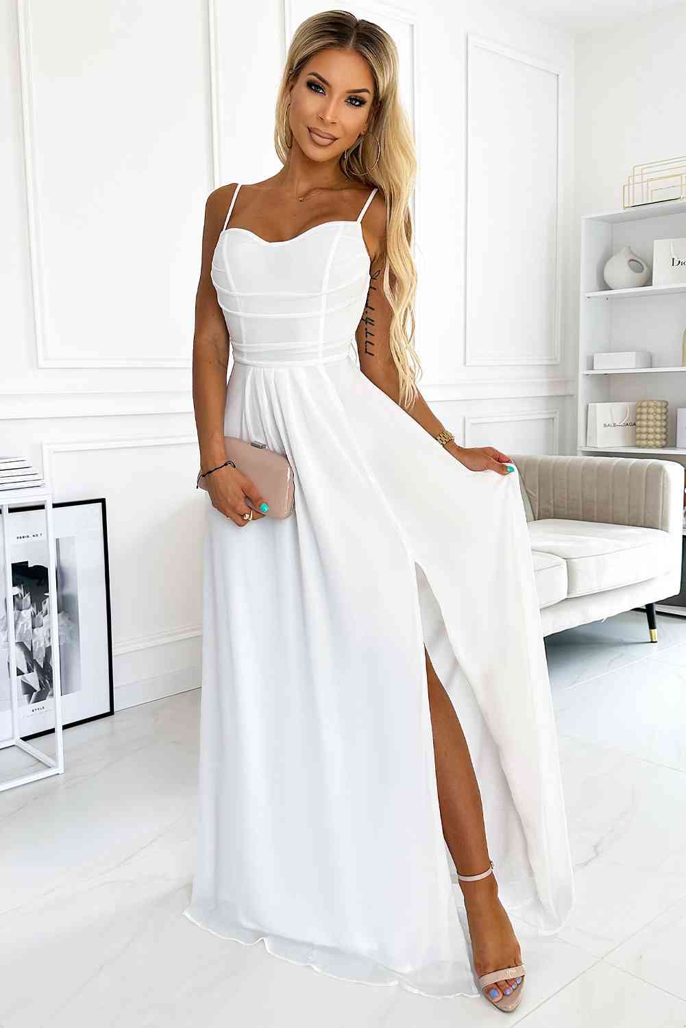 Spaghetti Strap Sweetheart Neck Split Dress |Formal Solid Maxi Sleeveless Dress