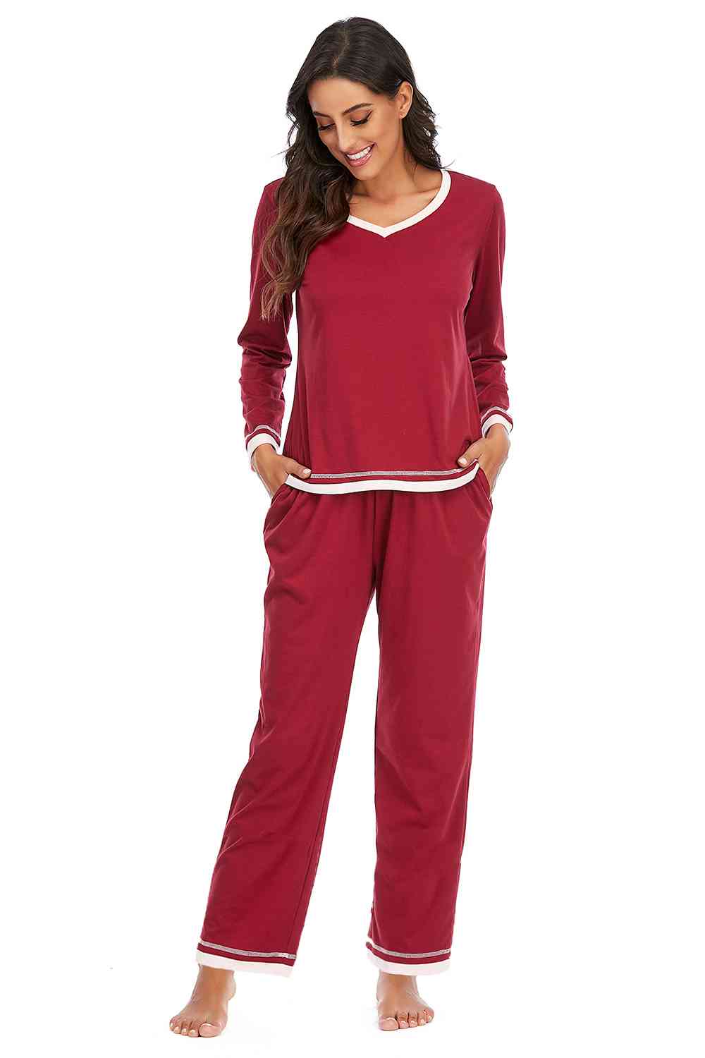 V-Neck Top and Pants Lounge Set | Woman's Cotton Night Set With Pocketed Pants