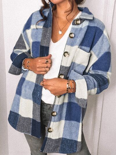 Plaid Pocketed Dropped Shoulder Button Up Jacket |Casual Collared Jacket