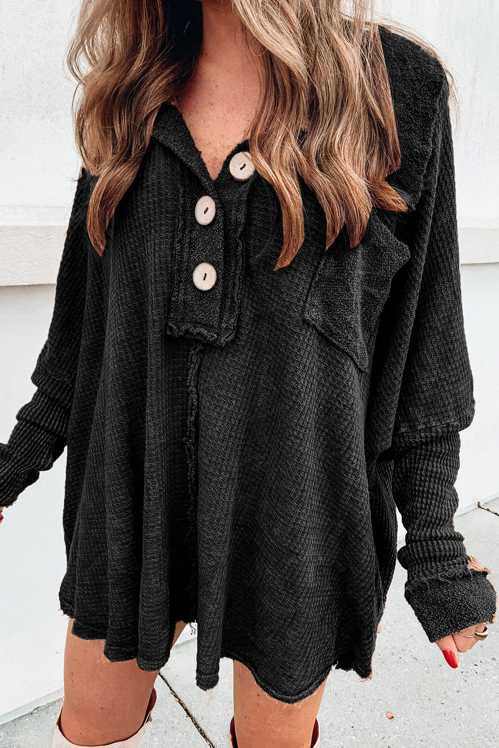 Waffle Knit Buttoned Long Sleeve Top with Breast Pocket | Top With Wide Collar