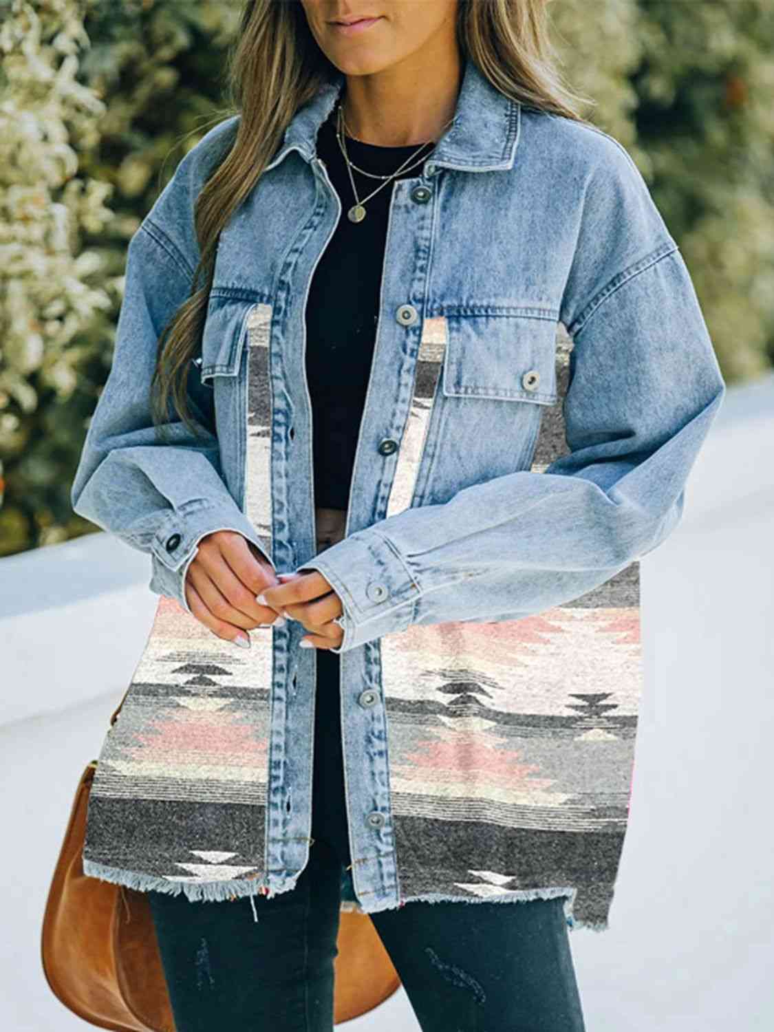 Collared Neck Dropped Shoulder Denim Jacket | Buttoned Jacket With Pockets