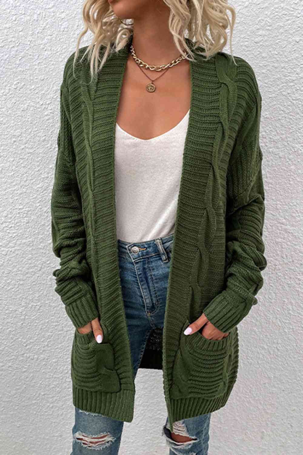 Cable-Knit Open Front Cardigan with Pockets | Casual Ribbed Polyester Cardigan